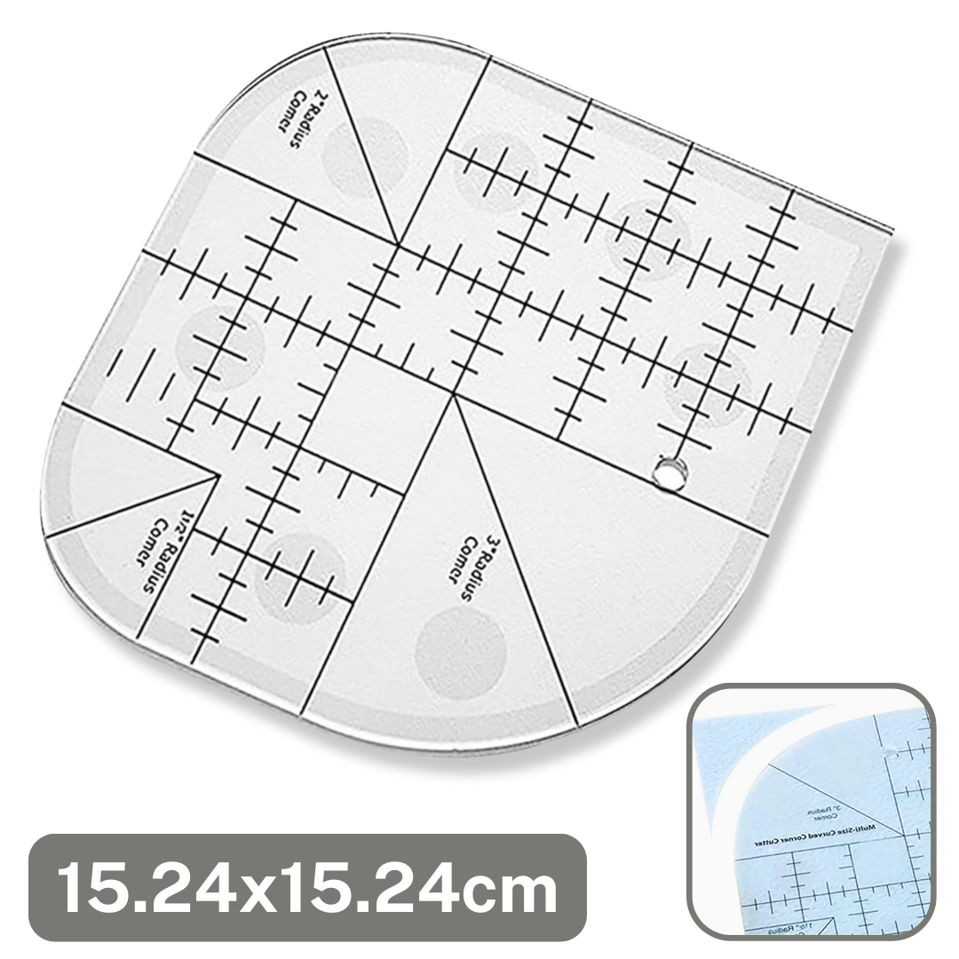 Gabarit carré en plastique transparent de 15,24x15,24cm pour couture, avec angles arrondis et repères de mesure.