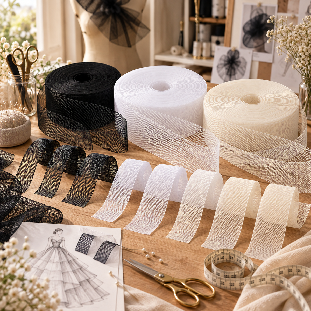 10 meter Horsehair Braid Tape for Dressmaking, Black White or Offwhite; Hem Support and Structured Garments 20 - 100 mm