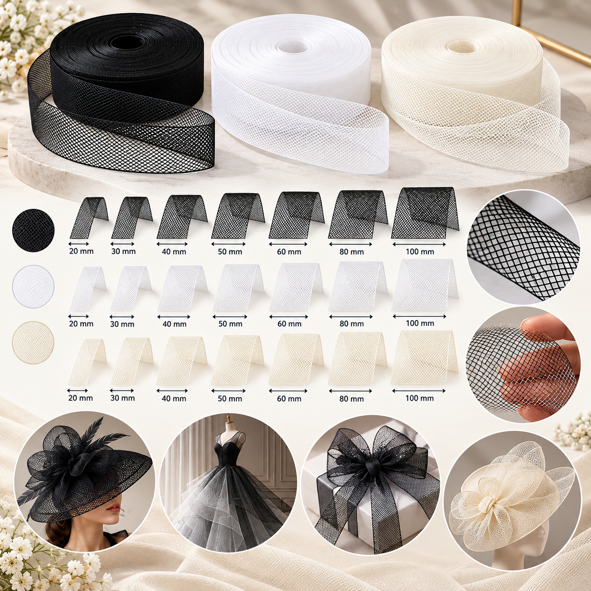 10 meter Horsehair Braid Tape for Dressmaking, Black White or Offwhite; Hem Support and Structured Garments 20 - 100 mm