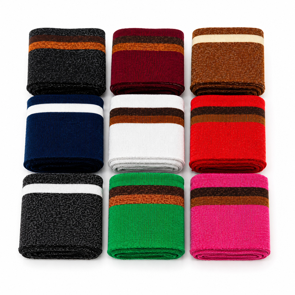 Puños de canalé de punto a rayas o lisos, totalmente de lúrex, para chaquetas, suéteres y costura