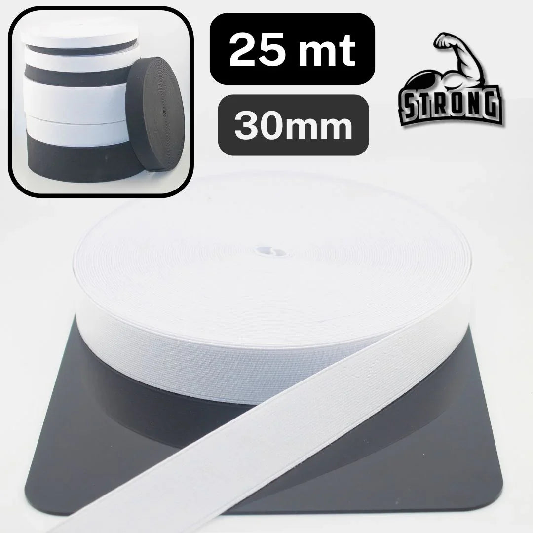 25 meters Super Strong Elastic - High Tension - Black or White available in sizes 10mm 15mm 20mm 25mm 30mm 40mm or 60mm #ELCOT - ACCESSOIRES LEDUC BV