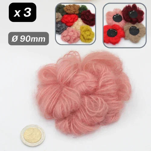 Set of 3 Woolen Flowers with safety pins Applications Ø90mm #F3-00 - ACCESSOIRES LEDUC BV