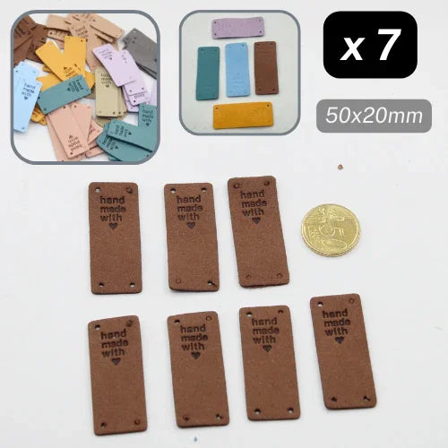 Lot de 7 étiquettes en simili cuir marron, 50x20mm, inscription 'hand made with ♥', accessoires couture ACCESSOIRES LEDUC BV.