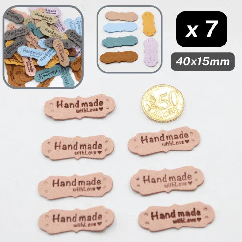 Set of 7 Fake Suede Labels - Peanut Shape - tagged "Handmade with ♥" - size40x15mm (Sew-on) - ACCESSOIRES LEDUC BV
