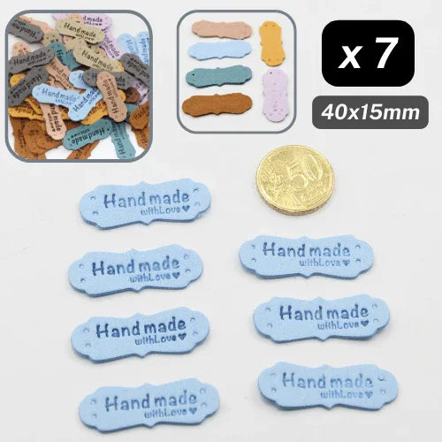 Set of 7 Fake Suede Labels - Peanut Shape - tagged "Handmade with ♥" - size40x15mm (Sew-on) - ACCESSOIRES LEDUC BV