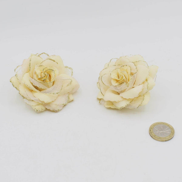 2 Floral Corsages in Tulle and Satin with Safety Pin, 6cm, Blue or Beige Color with Glitter - ACCESSOIRES LEDUC BV