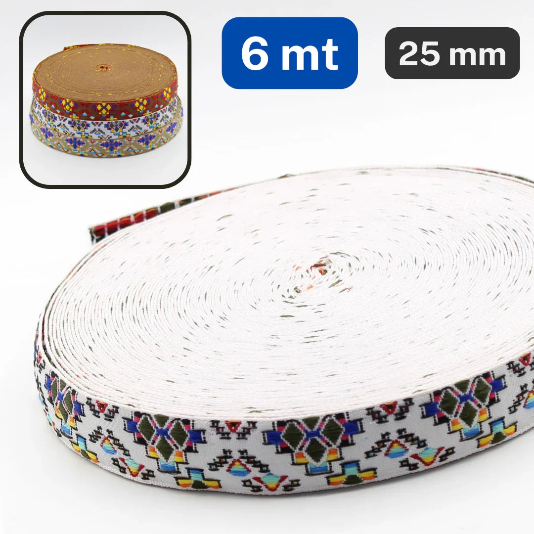 6 meters Ethnic Jacquard Braid 25mm available in 3 different Color Variants - ACCESSOIRES LEDUC BV
