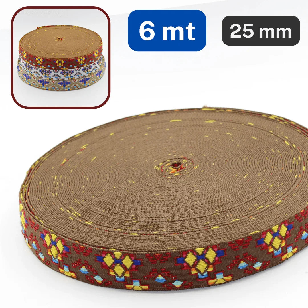 6 meters Ethnic Jacquard Braid 25mm available in 3 different Color Variants - ACCESSOIRES LEDUC BV