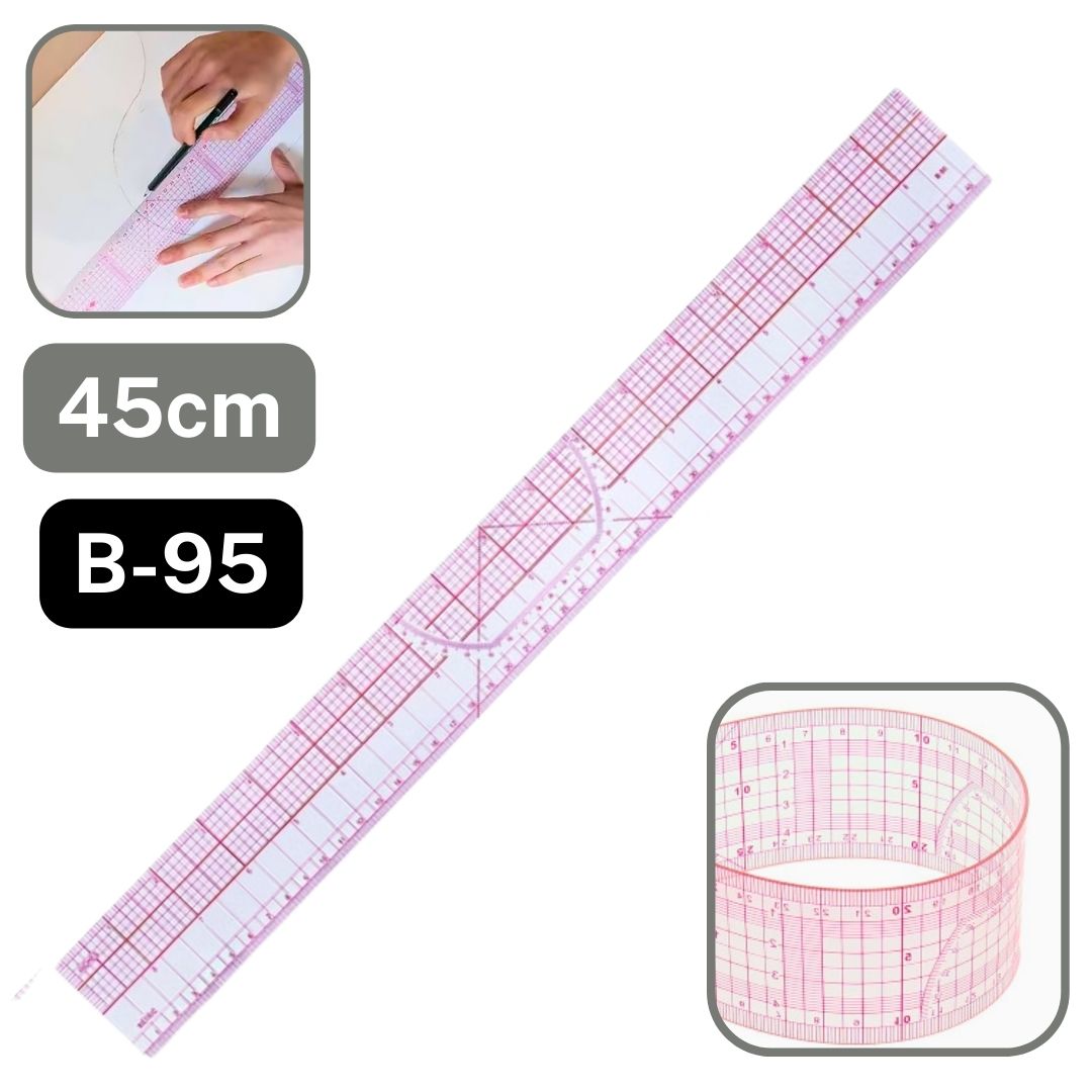 Règle japonaise souple de 45 cm B-95 pour couture, transparente avec grilles roses.