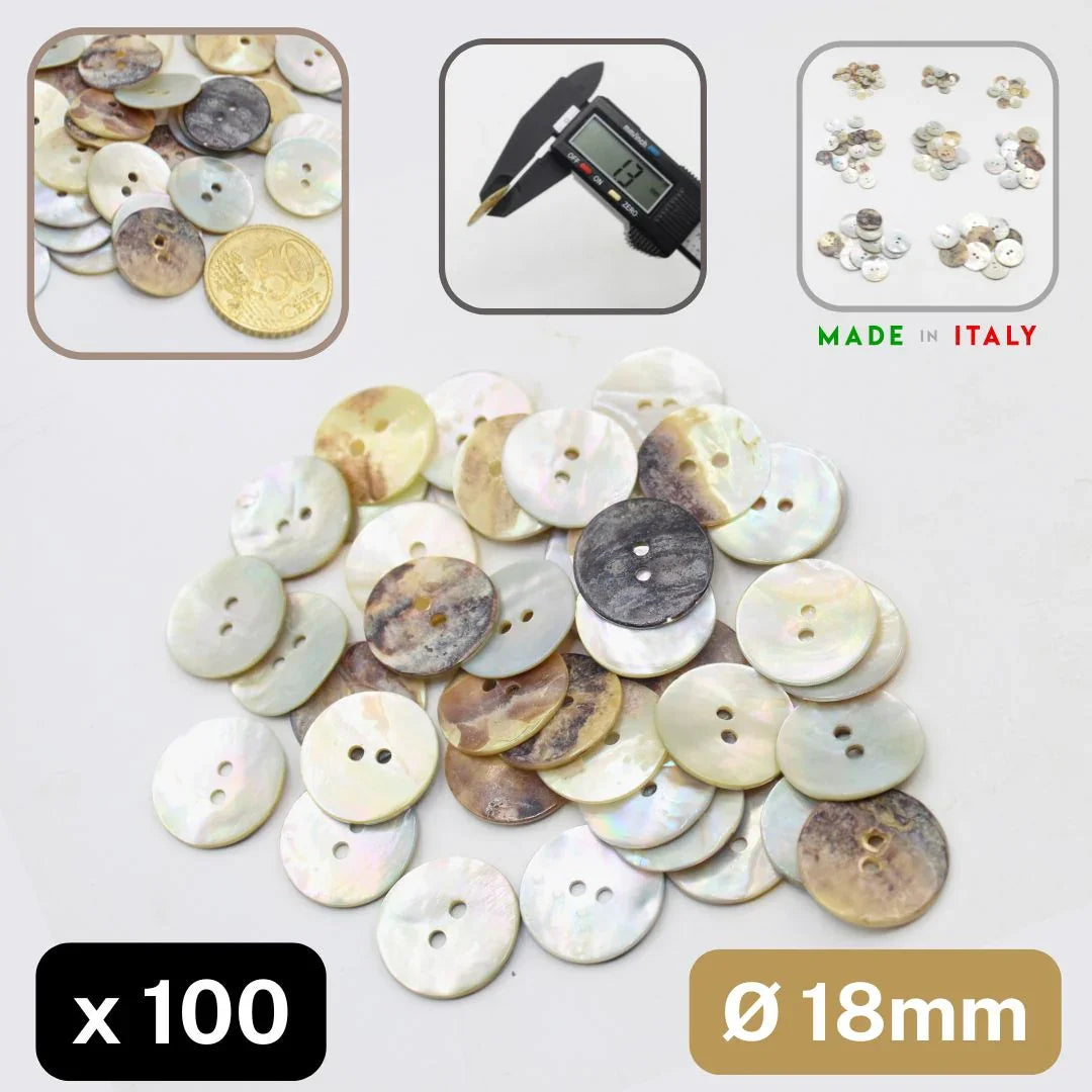 Lot de 100 boutons nacrés 18mm pour couture ACCESSOIRES LEDUC, fabrication italienne.