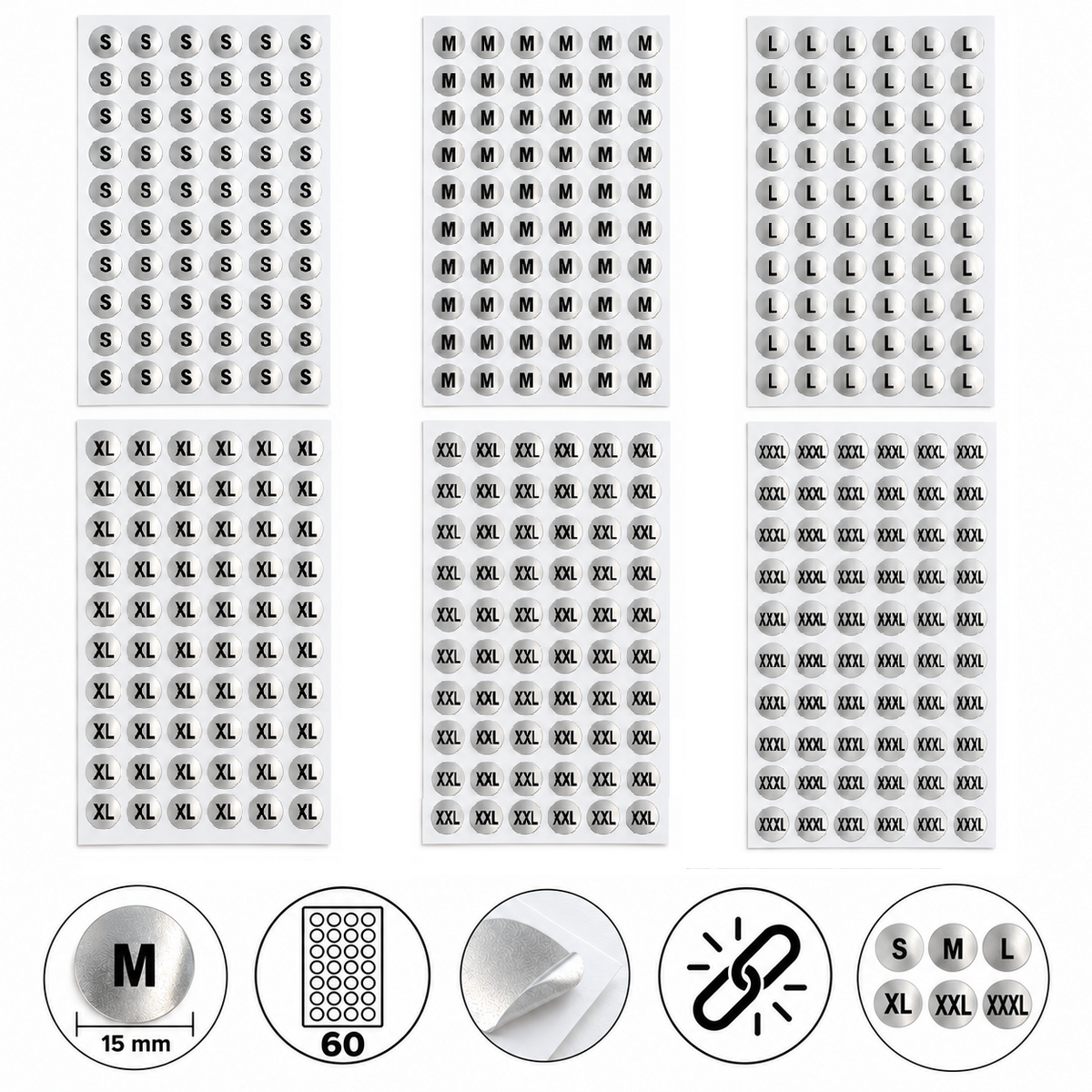 6 Sheets (360 labels) Silver Garment Size Stickers for Clothes Hangers – 15 mm