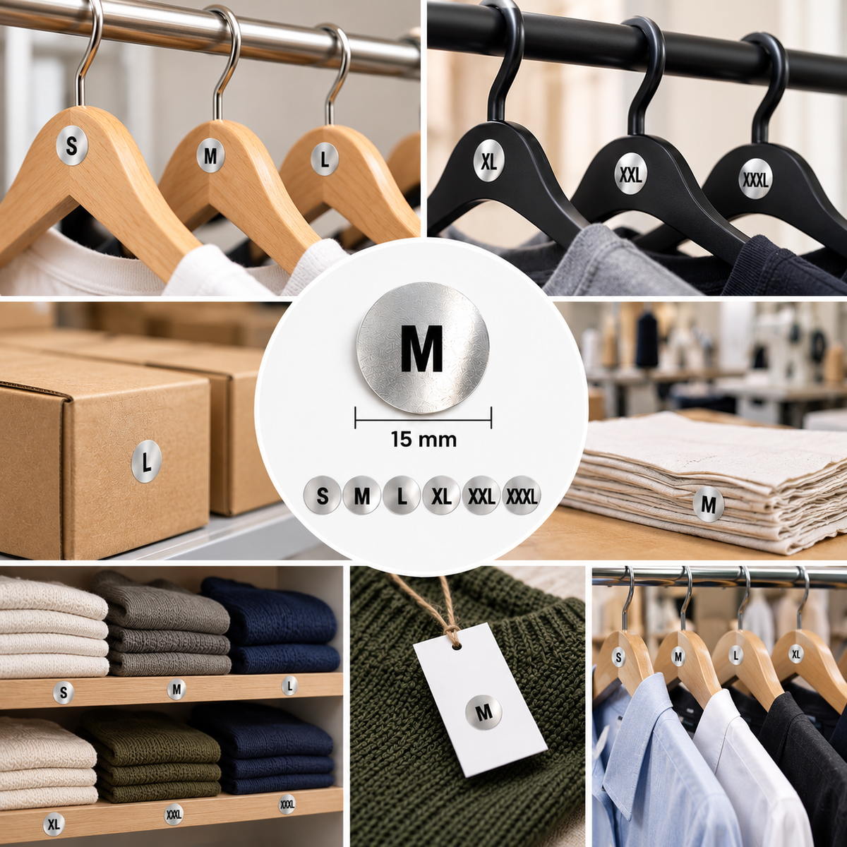 6 Sheets (360 labels) Silver Garment Size Stickers for Clothes Hangers – 15 mm