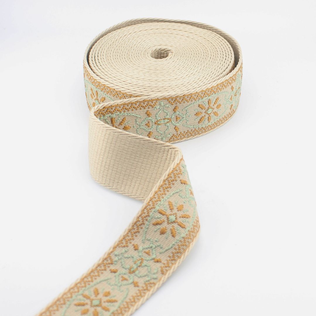 Sangle florale en jacquard de 38 mm – Garniture décorative premium pour sacs et tissus d’ameublement (RUB3584)