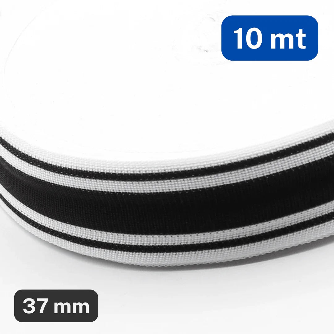 10 meters Striped Knitted Tape 37mm Beige with Black & White Stripes - ACCESSOIRES LEDUC BV