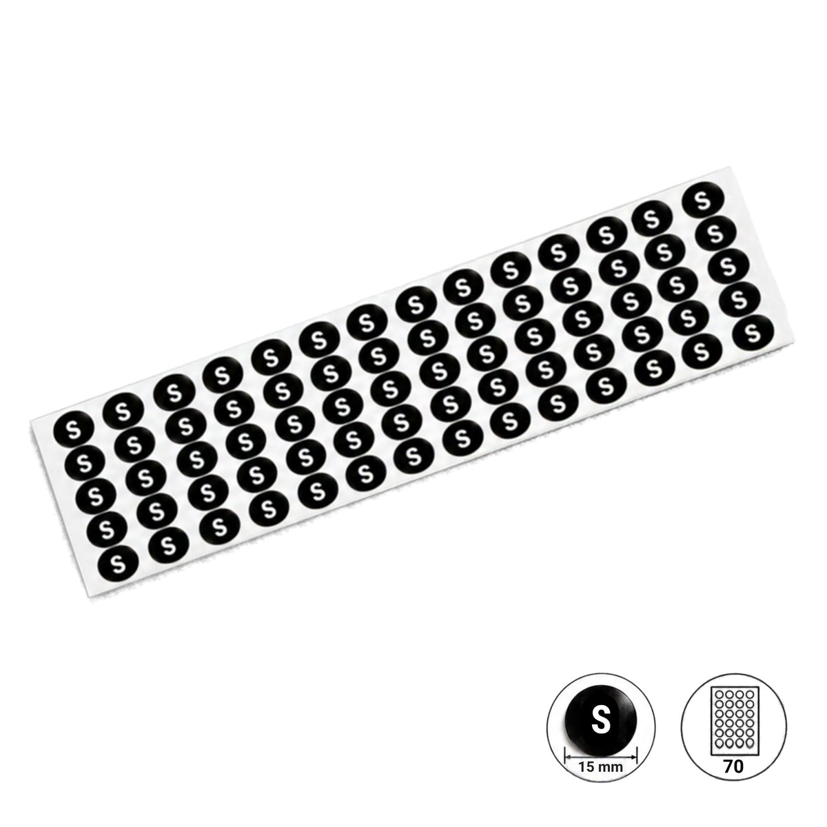 5 Sheets (350 labels) Black Garment Size Stickers for Clothes Hangers – 15 mm