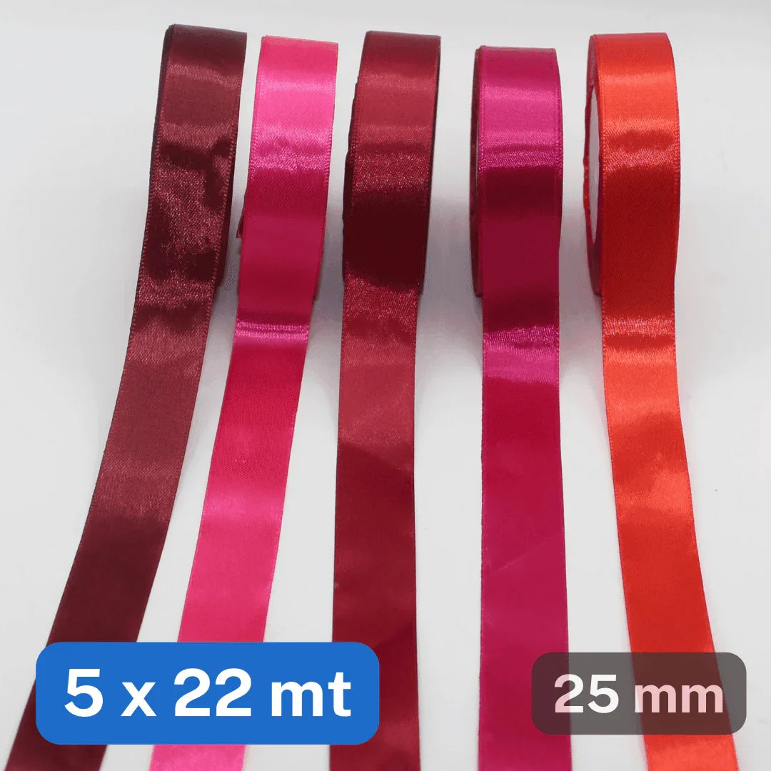 Set of 5x22 meters Single Sided Satin Tapes 6, 12, or 25mm, 5 different colours per set - ACCESSOIRES LEDUC BV