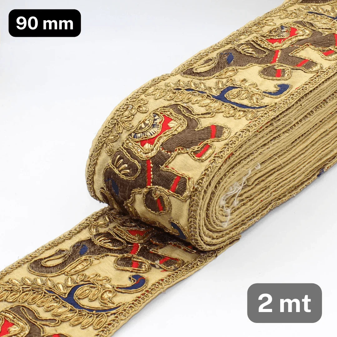 2 meters of Brown Elephant Trim, Embroidered Elephant Border, Royal Indian Lace, Floral Sari and Elephant Trim 90mm - ACCESSOIRES LEDUC BV