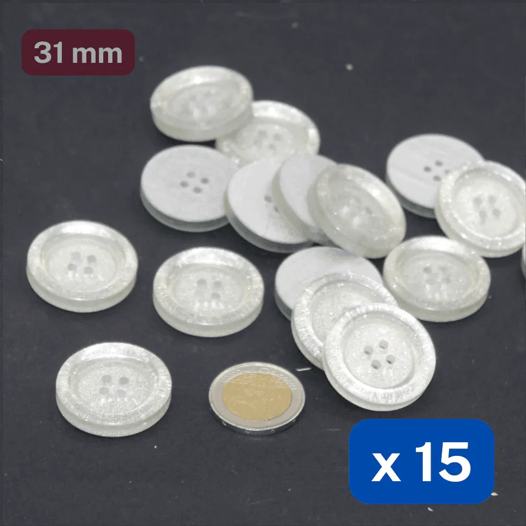 15 Pieces Thick Shiny Glitter Polyester Buttons 4 Holes Size 31mm #KP4501148 - ACCESSOIRES LEDUC BV