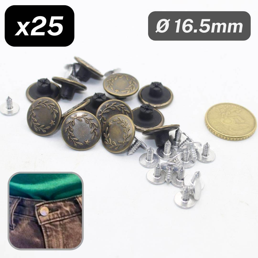 25 Pieces Silver Jeans Buttons size 16,5mm + nail, 4 different designs available, ref #KJE5000/16,5mm - ACCESSOIRES LEDUC BV
