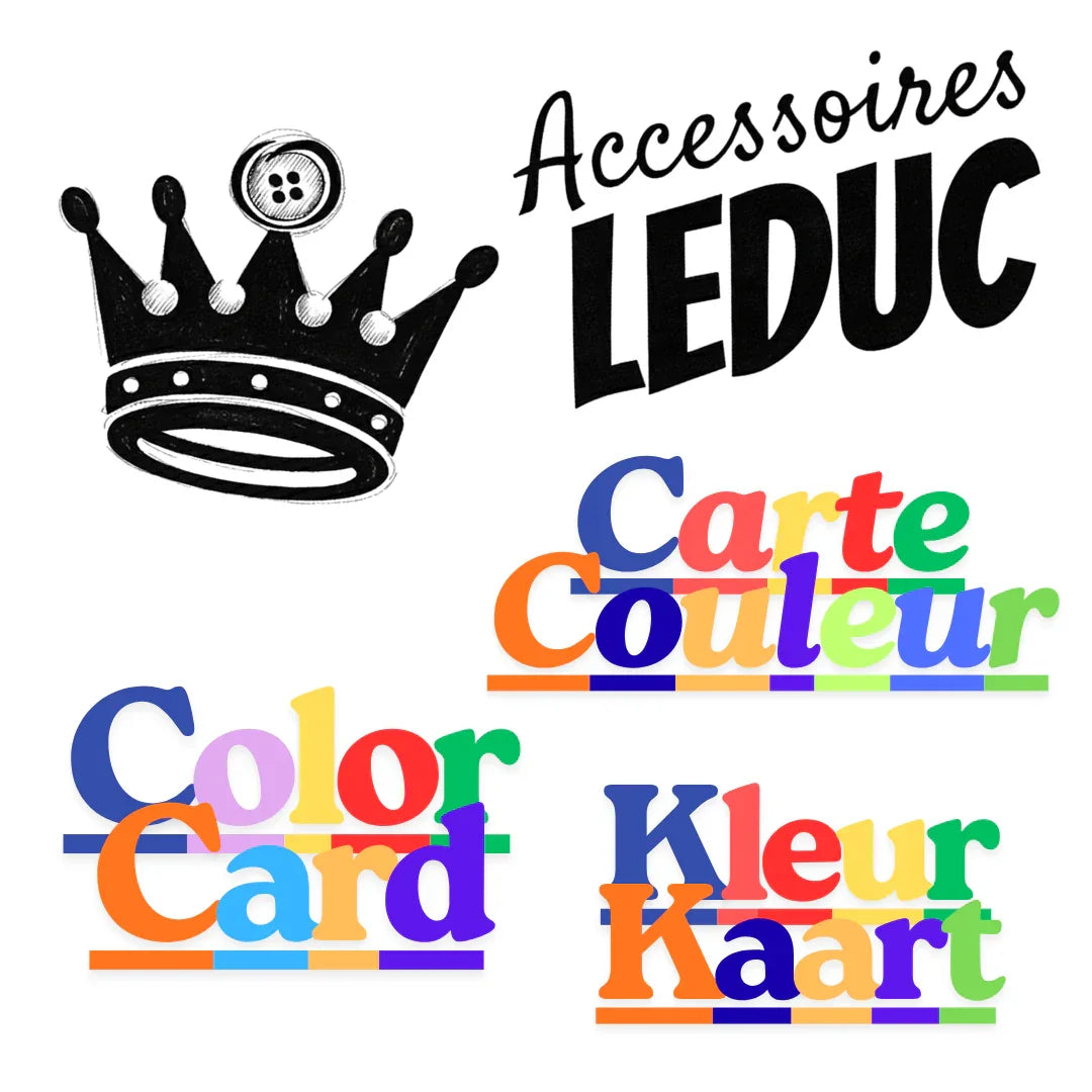 Logo Accessoires LEDUC avec couronne et texte carte couleur en français, anglais, néerlandais.