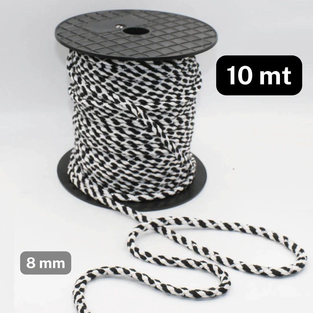 10 Meters Cord 8mm Tricolor - WHITE/BLACK/SILVER - ACCESSOIRES LEDUC BV