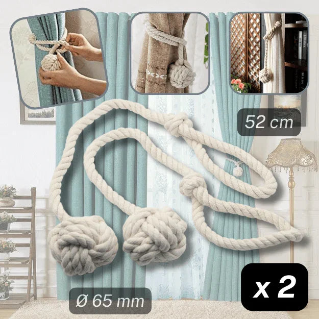 1 pair (2 pieces - suitable for 1 or 2 window(s)) Fancy Cotton Tie-Backs for Curtains - Made with a Cord and a Ball #EMB04 - ACCESSOIRES LEDUC BV