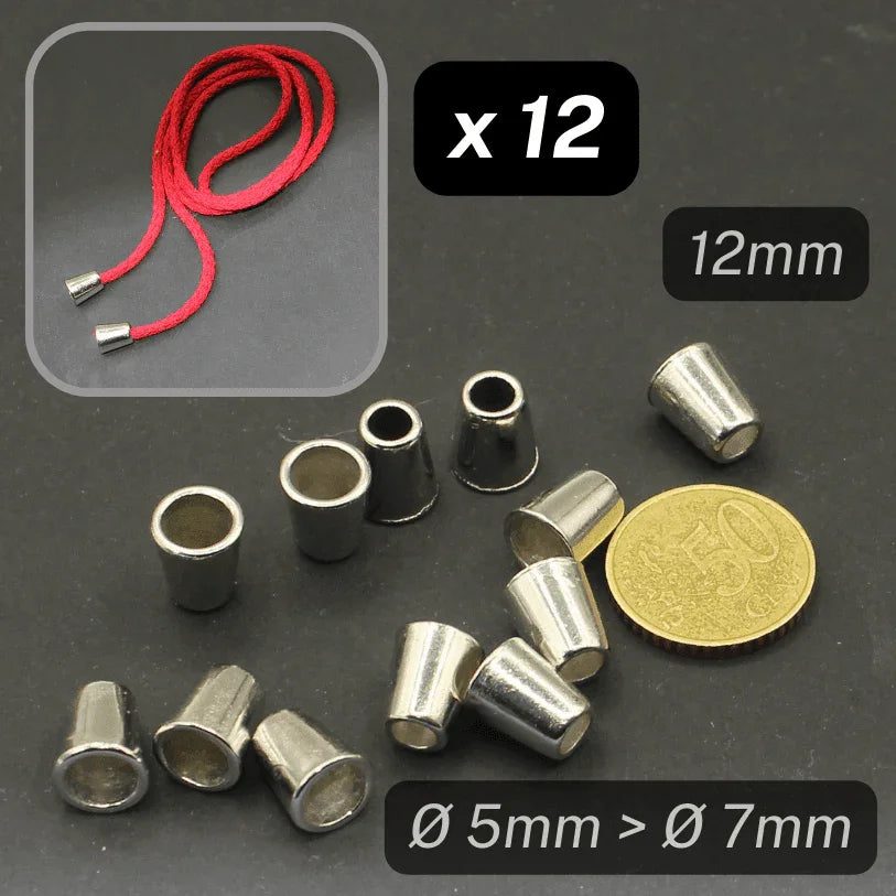 12 Metal Cord-ends, Silver colour, Diameter 5mm on one side, 7mm on the other side. Suitable for cords of +/- 5mm - ACCESSOIRES LEDUC BV