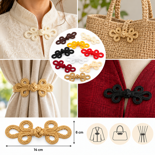 Chinese Frog Closures in Raffia – 6 × 14 cm – Set of 5