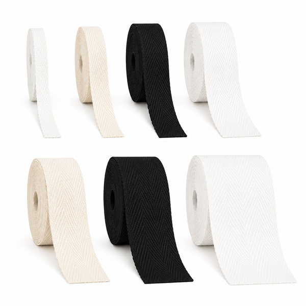 5 m 100% katoenen visgraatband – wit, zwart of ecru