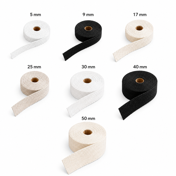 5 m 100% katoenen visgraatband – wit, zwart of ecru