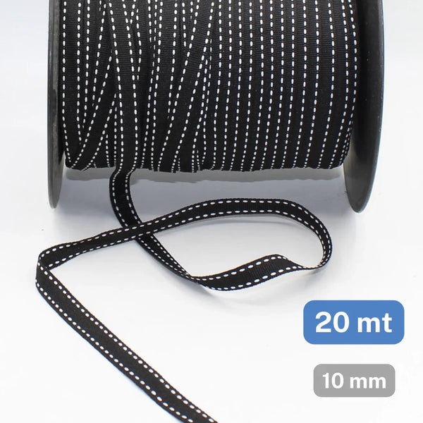 20 meters Black 10mm Tape with White Saddle Stitch - ACCESSOIRES LEDUC BV