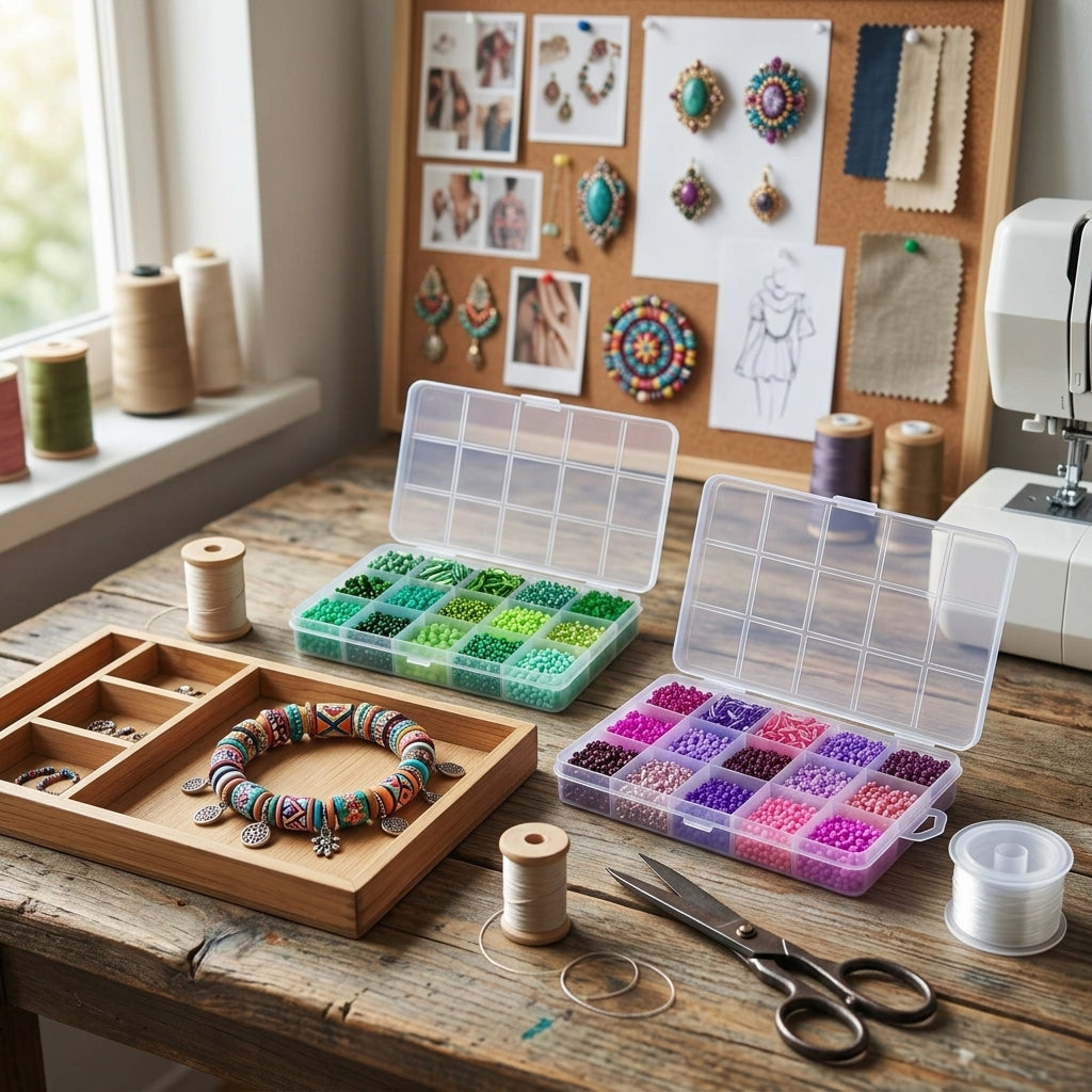Premium Decorative Bead Set with Storage Box – 15 Compartments – 150g + 130m Thread - 12 colours sets available