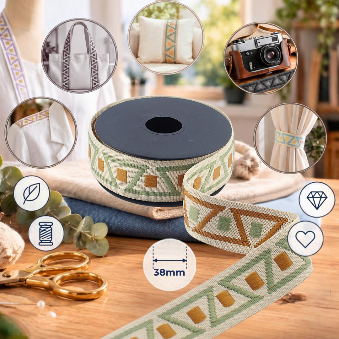 38mm Geometric Jacquard Webbing – Double-Sided Decorative Strap - Premium Jacquard Strap for Bags, Belts, Guitar Straps & Upholstery (RUB3587)