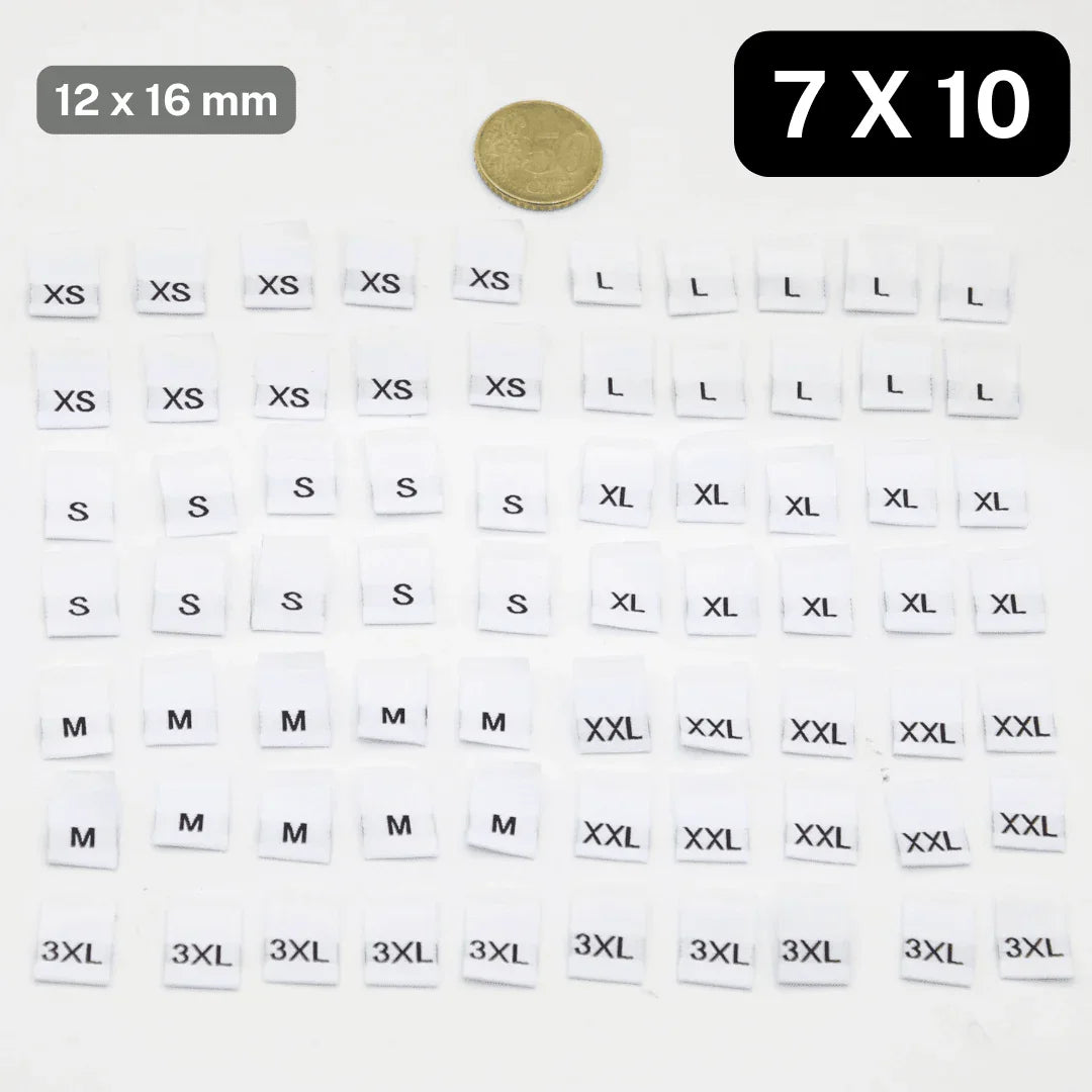 Set of 70 size Labels Folded 12*16mm , size XS S M L XL XXL 3XL , available in Black or in White - ACCESSOIRES LEDUC BV