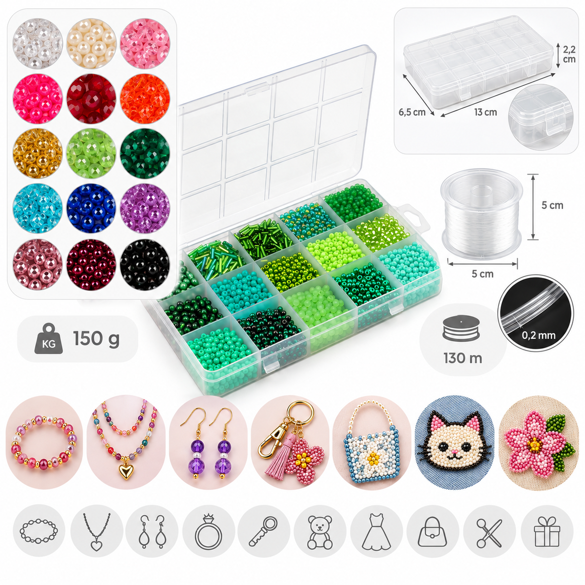 A bead organizer kit shown on a white background, featuring a clear plastic storage box filled with multicolored seed beads, a spool of clear thread, dimensions for the organizer and spool, a 150 g weight marker, a 0.2 mm thread diameter marker, and sample jewelry designs made from the beads.