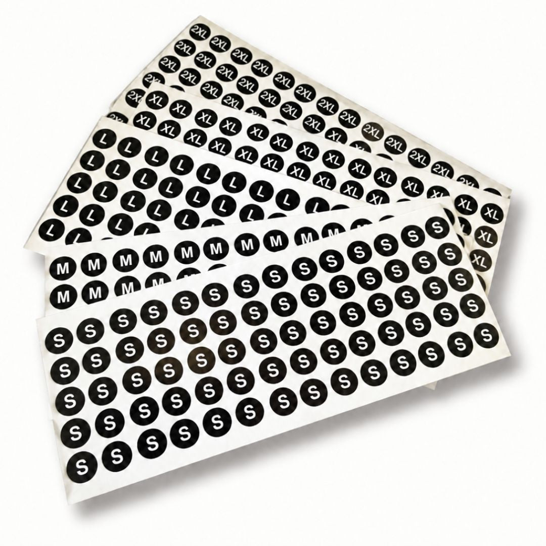 5 Sheets (350 labels) Black Garment Size Stickers for Clothes Hangers – 15 mm
