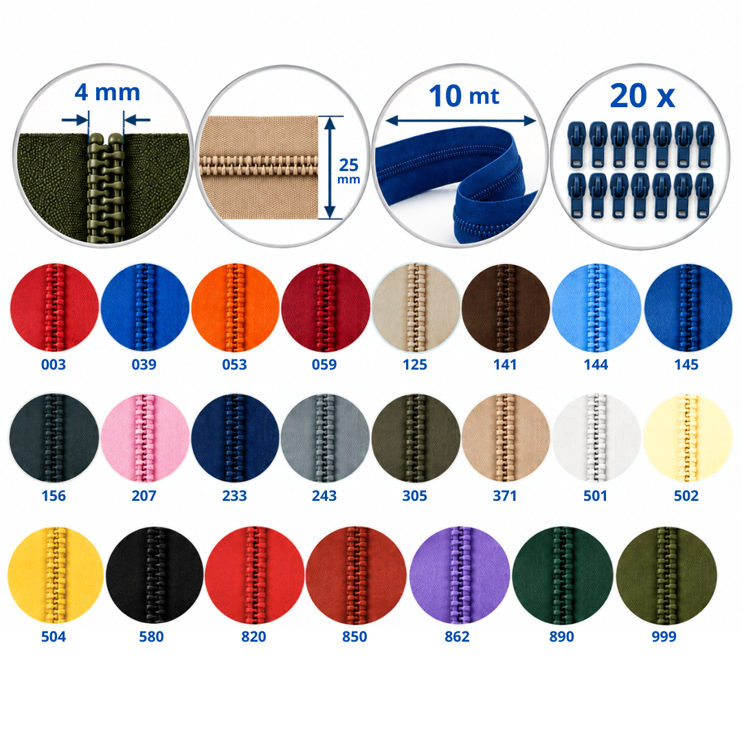 10m Nylon Zipper Roll with 20 Sliders 4mm for Sewing & Bag Making