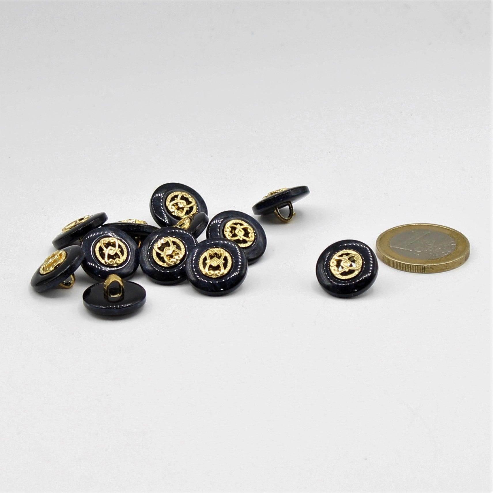 Dark Blue Button with Gold Pattern 15 and 18mm - ACCESSOIRES LEDUC BV