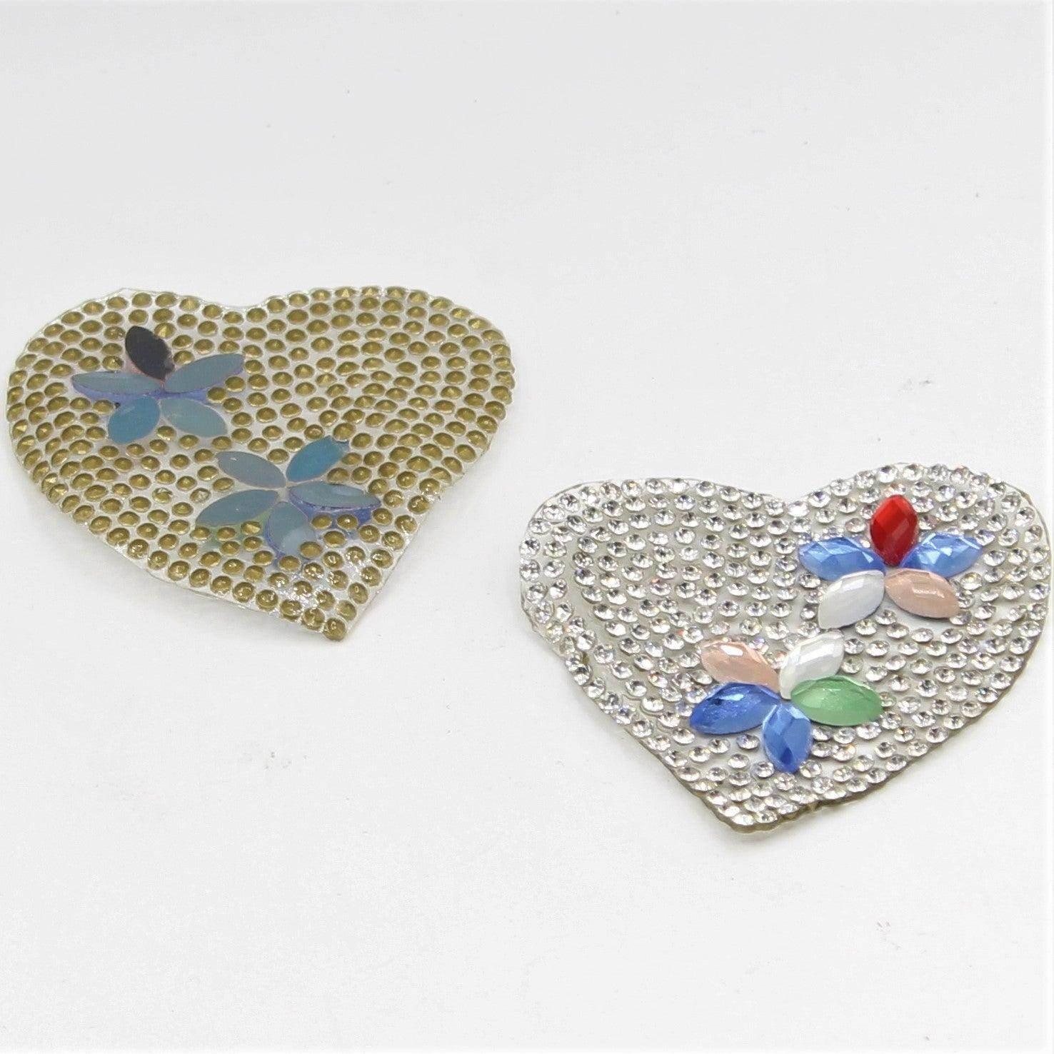 Set of 2 Heart Iron-on Patch with Silver Strass and Colored Diamond 6cm - ACCESSOIRES LEDUC BV