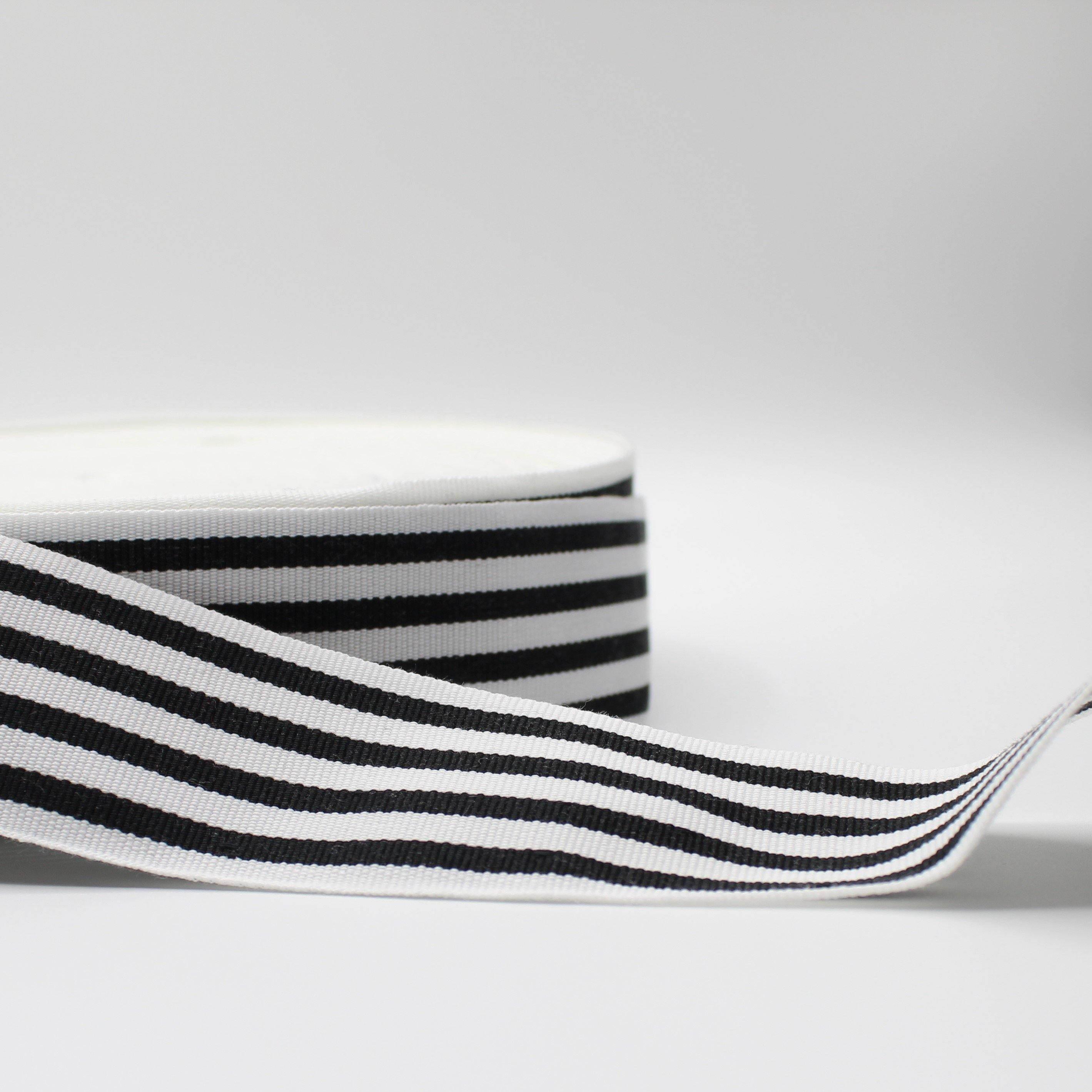 50 meters - 38mm Striped Gros Grain Tape Black + White Stripes - ACCESSOIRES LEDUC BV